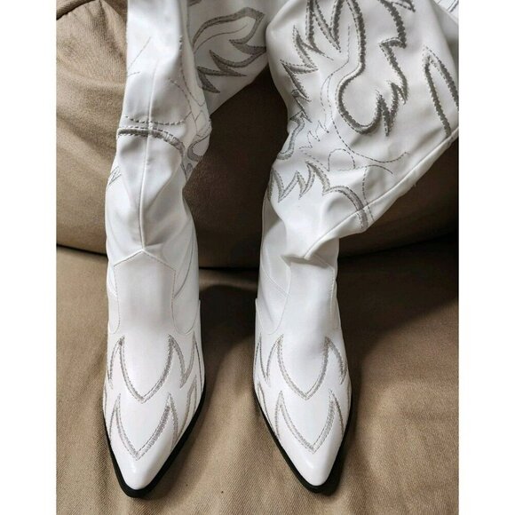 Size 5.5 Dolls Kill Pure Love Bandit Cowgirl Boots White Embroidered Iridescent - Picture 2 of 12